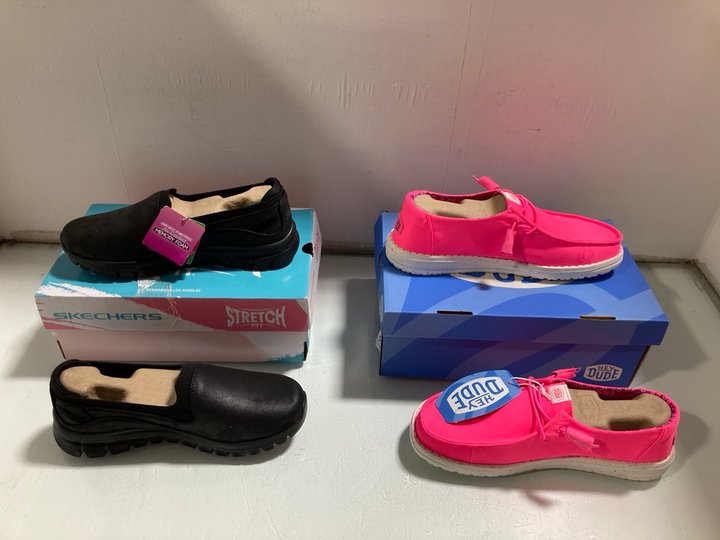 Lot 503  
            Marchington SR13 - Parcel Delivery Only 

                
SKECHERS BLACK TRAINERS - UK SIZE: 5 TO INCLUDE HEY DUDE WENDY STRETCH CANVAS IN ...