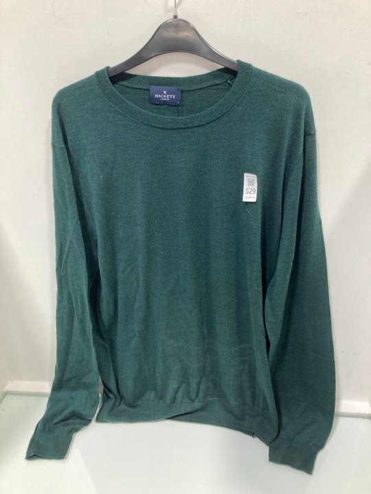 Lot 529  
            Marchington SR13 - Parcel Delivery Only 

                
HACKETT LONDON MERINO SILK CREW NECK JUMPER IN DARK GREEN - UK SIZE: LARGE - ORIG...