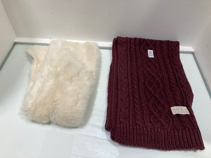 Lot 537  
            Marchington SR13 - Parcel Delivery Only 

                
SUPERIOR JACK WILLS KNITTED SCARF IN BURGUNDY TO INCLUDE TED BAKER FAUX FUR TEXTU...