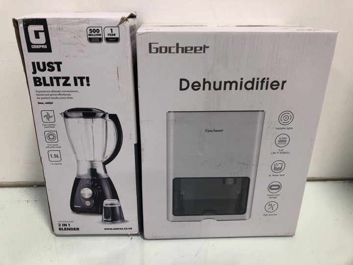 Lot 56  
            Marchington SR13 - Parcel Delivery Only 

                
GOCHEER DEHUMIDIFIER WITH 4L WATER TANK TO INCLUDE JUST BLITZ IT! 1.5L BLENDER: L...