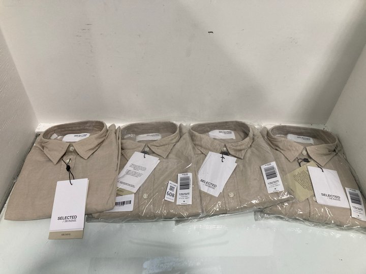 Lot 608  
            Marchington SR13 - Parcel Delivery Only 

                
4 X SELECTED HOMME FLANNEL LONG SLEEVE SHIRTS IN CROCKERY / SOLID - UK SIZE: MEDI...