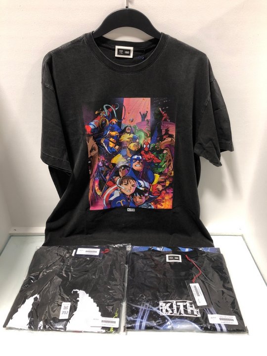 Lot 702  
            Marchington SR13 - Parcel Delivery Only 

                
3 X ASSORTED KITH VINTAGE TEE'S IN UK SIZE L TO INCLUDE KITH MARVEL VENOM VINTAGE...