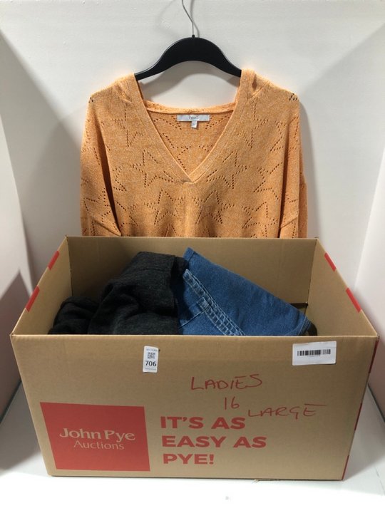 Lot 706  
            Marchington SR13 - Parcel Delivery Only 

                
QTY OF ASSORTED LADIES CLOTHING IN UK SIZE 16 TO INCLUDE V-NECK JUMPER IN BURNT O...