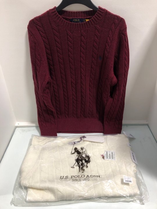 Lot 712  
            Marchington SR13 - Parcel Delivery Only 

                
2 X RALPH LAUREN CABLE KNIT JUMPERS IN CREAM/BURGUNDY-UK SIZES M/L: LOCATION - B12