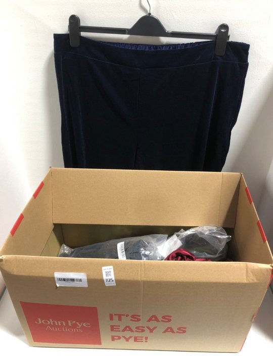 Lot 725  
            Marchington SR13 - Parcel Delivery Only 

                
QTY OF ASSORTED LADIES PLUS SIZE CLOTHING TO INCLUDE PAIR OF WIDE LEG VELVET LOOK...