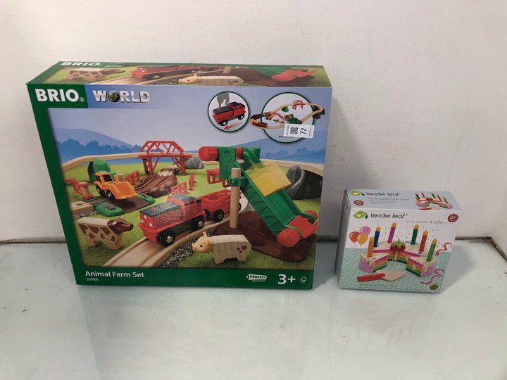 Lot 72  
            Marchington SR13 - Parcel Delivery Only 

                
TENDER LEAF RAINBOW BIRTHDAY CAKE WOODEN KIDS TOY TO INCLUDE BRIO WORLD ANIMAL FA...