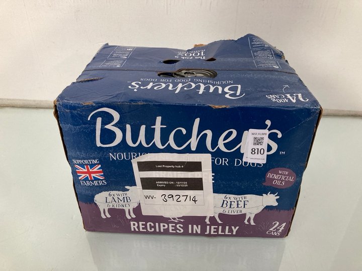 Lot 810  
            Marchington SR13 - Parcel Delivery Only 

                
24 X 400G CANS OF BUTCHERS NOURISHING FOOD FOR DOGS IN VARIOUS FLAVOURS -BBE 03/2...