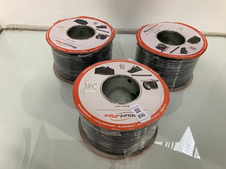 Lot 816  
            Marchington SR13 - Parcel Delivery Only 

                
2 X REELS OF SECURI FLEX DRUM ROLL CABLE IN BLACK TO INCLUDE REEL OF SECURI FLEX ...
