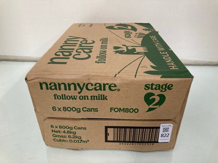 Lot 822  
            Marchington SR13 - Parcel Delivery Only 

                
6 X 800G CANS OF NANNY CARE STAGE 2 FOLLOW ON BABY FORMULA-BBE 07/27: LOCATION - D2