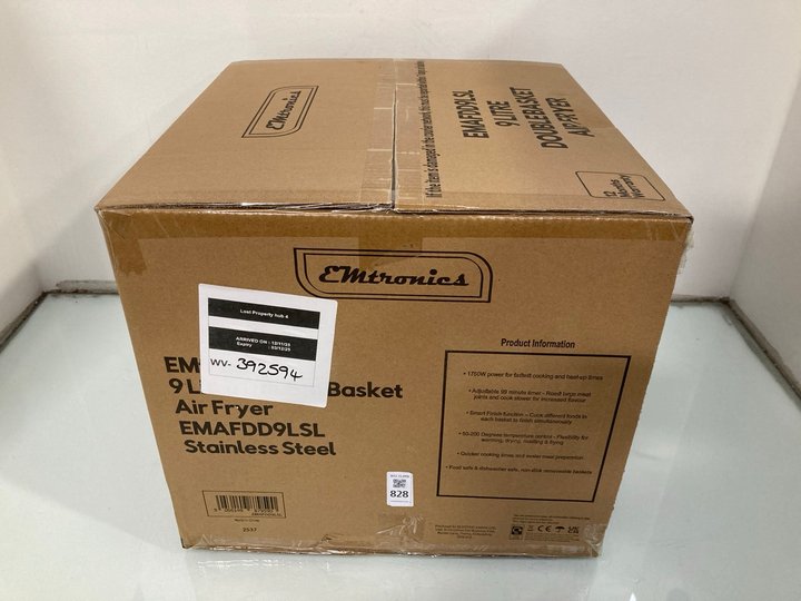 Lot 828  
            Marchington SR13 - Parcel Delivery Only 

                
EMTRONICS 9 LITRE DOUBLE BASKET AIR FRYER IN STAINLESS STEEL-MODEL NO EMAFDD9LSL:...