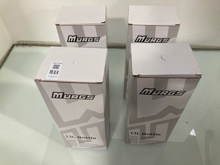 Lot 833  
            Marchington SR13 - Parcel Delivery Only 

                
4 X MURGS 1.1L STAINLESS STEEL BOTTLES -ORIGINAL COMBINED RRP £140.00: LOCATION - D2