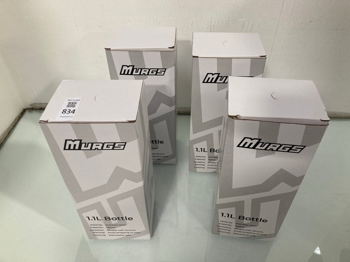 Lot 834  
            Marchington SR13 - Parcel Delivery Only 

                
4 X MURGS 1.1L STAINLESS STEEL BOTTLES -ORIGINAL COMBINED RRP £140.00: LOCATION - D2