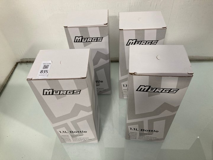 Lot 835  
            Marchington SR13 - Parcel Delivery Only 

                
4 X MURGS 1.1L STAINLESS STEEL BOTTLES -ORIGINAL COMBINED RRP £140.00: LOCATION - D2