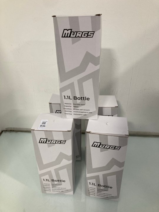 Lot 836  
            Marchington SR13 - Parcel Delivery Only 

                
5 X MURGS 1.1L STAINLESS STEEL BOTTLES -ORIGINAL COMBINED RRP £175.00: LOCATION - D2