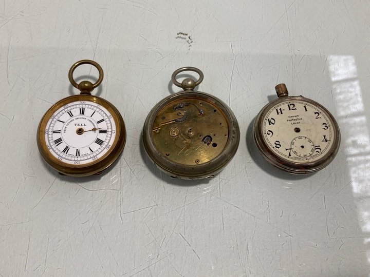 Lot 860  
            Marchington SR13 - Parcel Delivery Only 

                
3 X ANTIQUE POCKET WATCHES TO INCLUDE TELL (A/F): LOCATION - D3