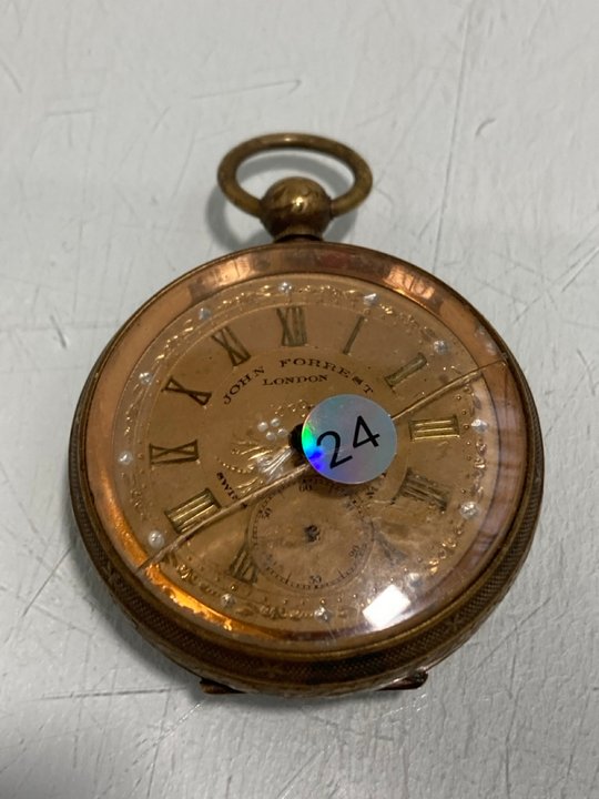 Lot 865  
            Marchington SR13 - Parcel Delivery Only 

                
ANTIQUE MECHANICAL LARGE BRASS CASED POCKET WATCH BY JOHN FORREST OF LONDON (A/F)...