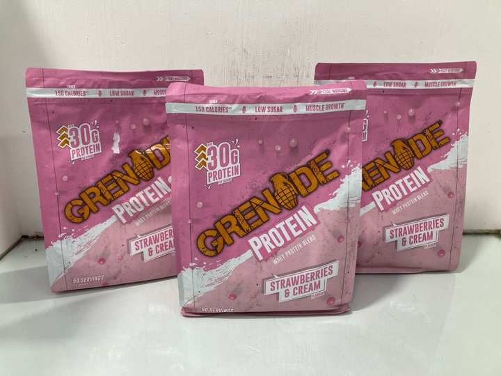 Lot 902  
            Marchington SR13 - Parcel Delivery Only 

                
3 X 50 SERVING BAGS OF GRENADE PROTEIN FOOD SUPPLEMENT IN STRAWBERRIES & CREAM-BB...