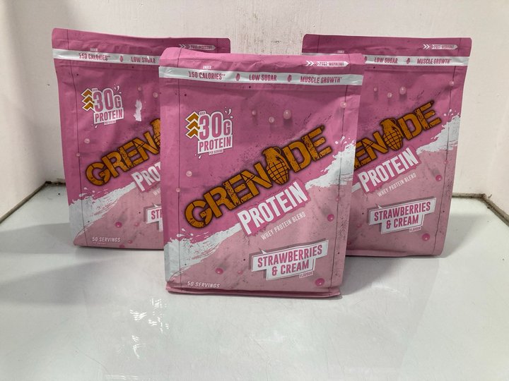Lot 903  
            Marchington SR13 - Parcel Delivery Only 

                
3 X 50 SERVING BAGS OF GRENADE PROTEIN FOOD SUPPLEMENT IN STRAWBERRIES & CREAM-BB...