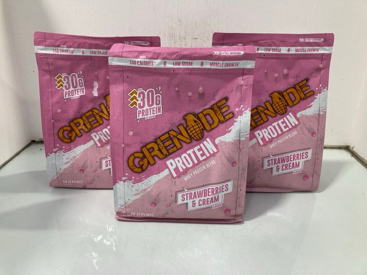 Lot 904  
            Marchington SR13 - Parcel Delivery Only 

                
3 X 50 SERVING BAGS OF GRENADE PROTEIN FOOD SUPPLEMENT IN STRAWBERRIES & CREAM-BB...