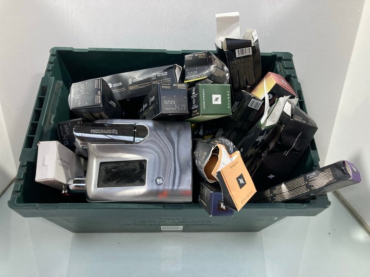 Lot 961  
            Marchington SR13 - Parcel Delivery Only 

                
NESPRESSO COFFEE MACHINE IN STAINLESS STEEL TO INCLUDE QTY OF NESPRESSO COFFEE PO...