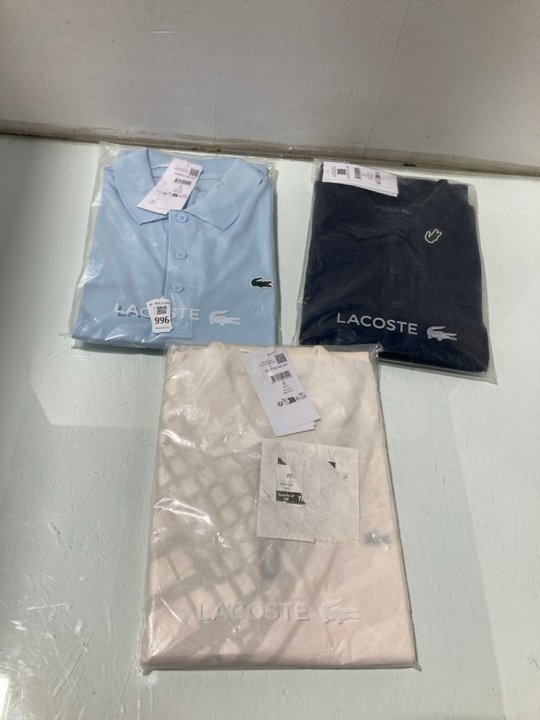 Lot 996  
            Marchington SR13 - Parcel Delivery Only 

                
3 X ASSORTED LACOSTE T SHIRTS IN VARIOUS SIZES TO INCLUDE REGULAR FIT UV PROTECT ...