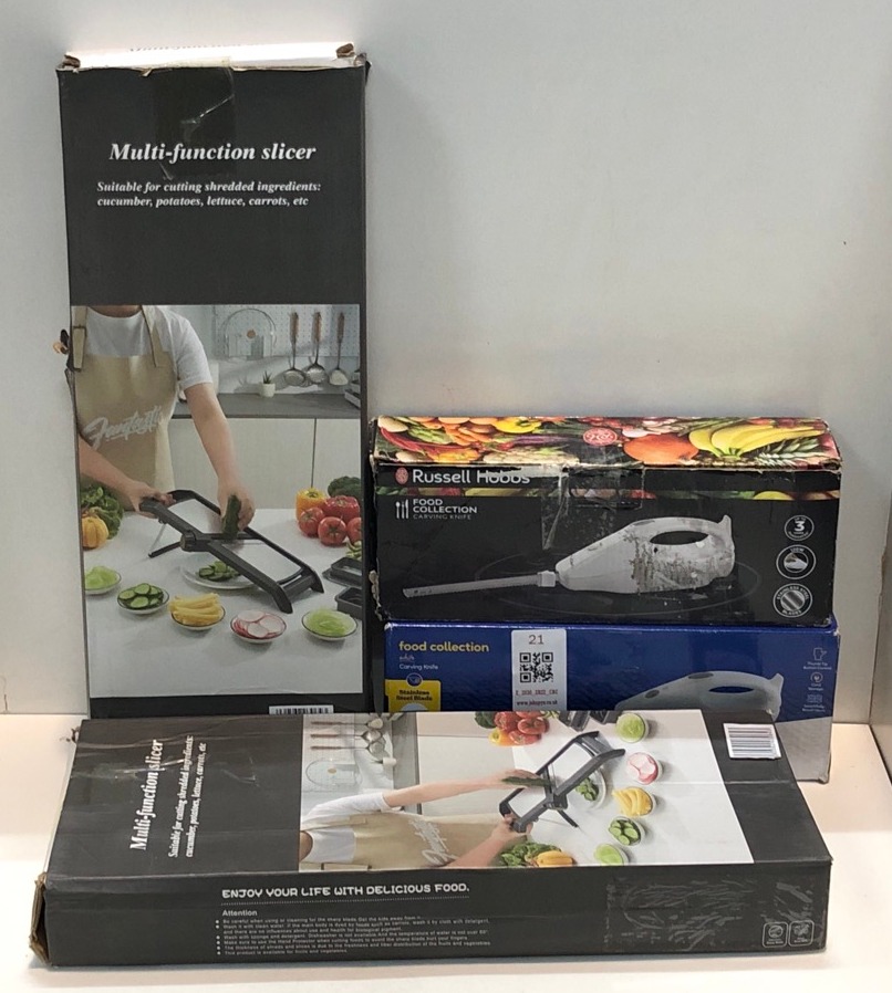 Lot 21  
            Edinburgh SR22 - Collection Only 

                
QUANTITY OF KITCHEN ITEMS TO INCLUDE RUSSELL HOBBS FOOD COLLECTION ELECTRIC CARVI...