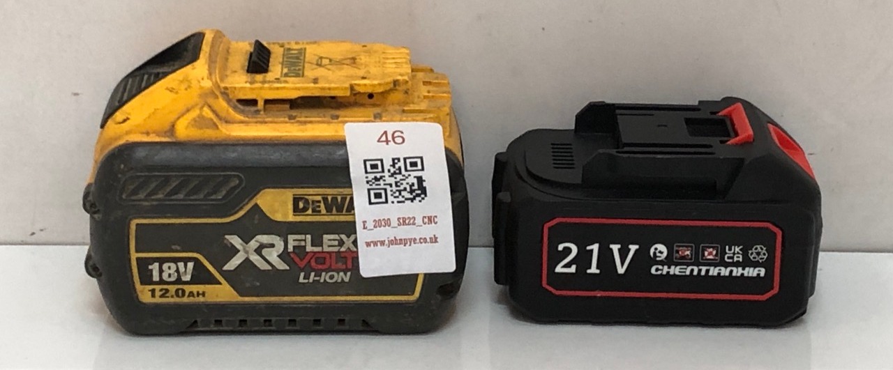 Lot 46  
            Edinburgh SR22 - Collection Only 

                
21V CHENTIANXIA LITHIUM BATTERY PACK MODEL NUMBER: TCMT-055 BLACK + DEWALT 18V XR...