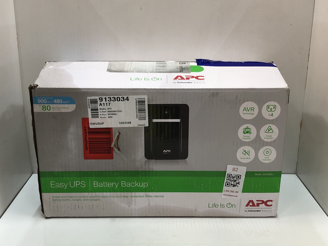Lot 82  
            Edinburgh SR22 - Collection Only 

                
APC EASY UPS 900VA - BVX900LI - UPS BATTERY BACKUP & SURGE PROTECTOR, BACKUP BATT...