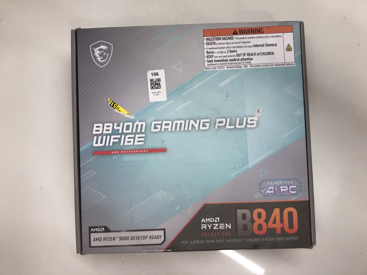 Lot 106  
            Edinburgh SR34 - Delivery Only 

                
MSI B840M GAMING PLUS WIFI 6E MOTHERBOARD, MATX - SUPPORTS AMD RYZEN 9000/8000 / ...