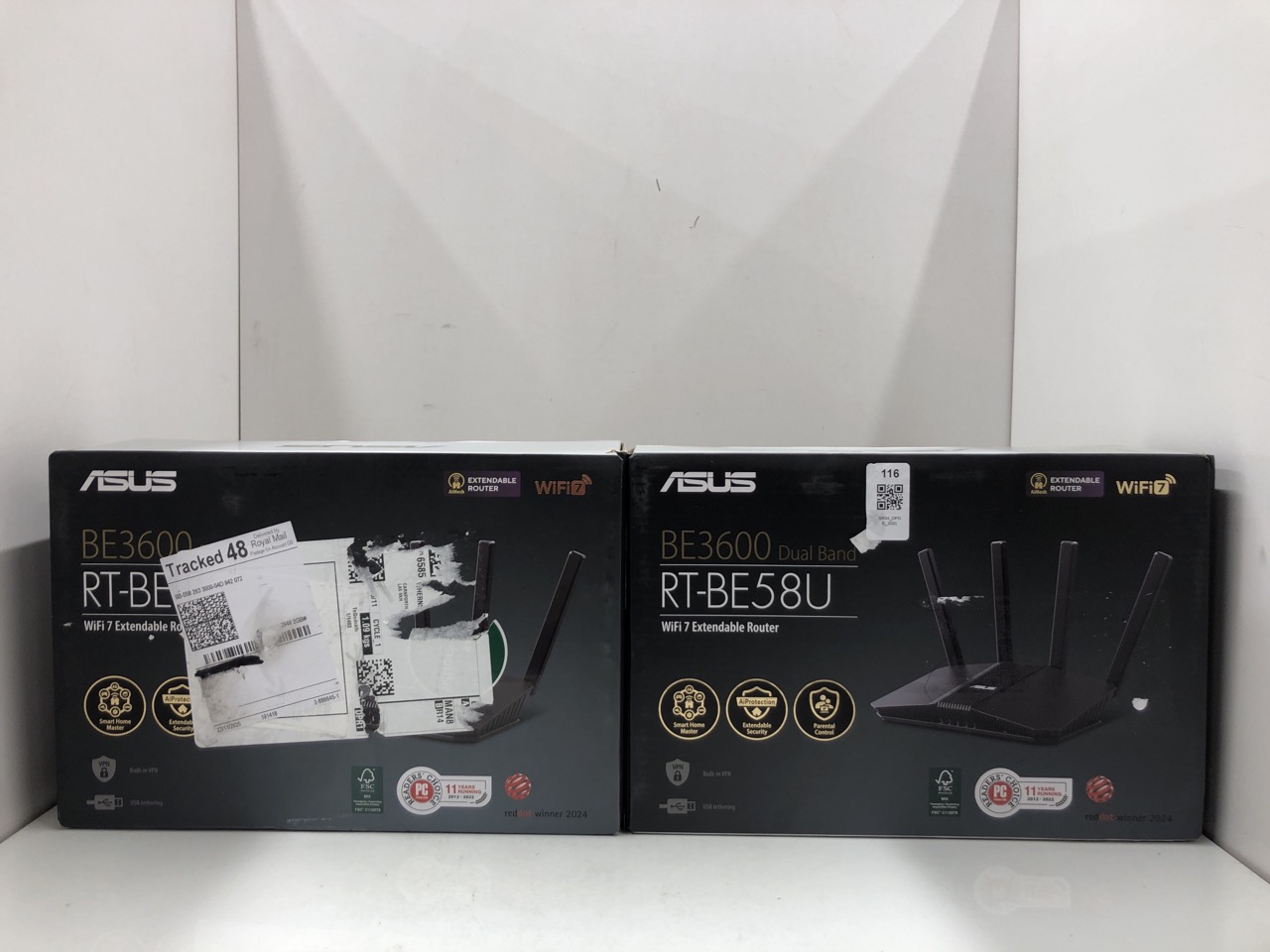 Lot 116  
            Edinburgh SR34 - Delivery Only 

                
2 X ASUS RT-BE58U BE3600 WIFI 7 AIMESH EXTENDABLE ROUTER, 4K QAM, MLO, AI DETECTI...