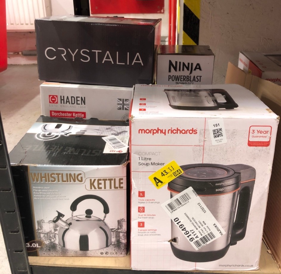 Lot 151  
            Edinburgh SR34 - Delivery Only 

                
QUANTITY OF KITCHEN & APPLIANCES ITEMS TO INCLUDE MORPHY RICHARDS COMPACT SOUP MA...