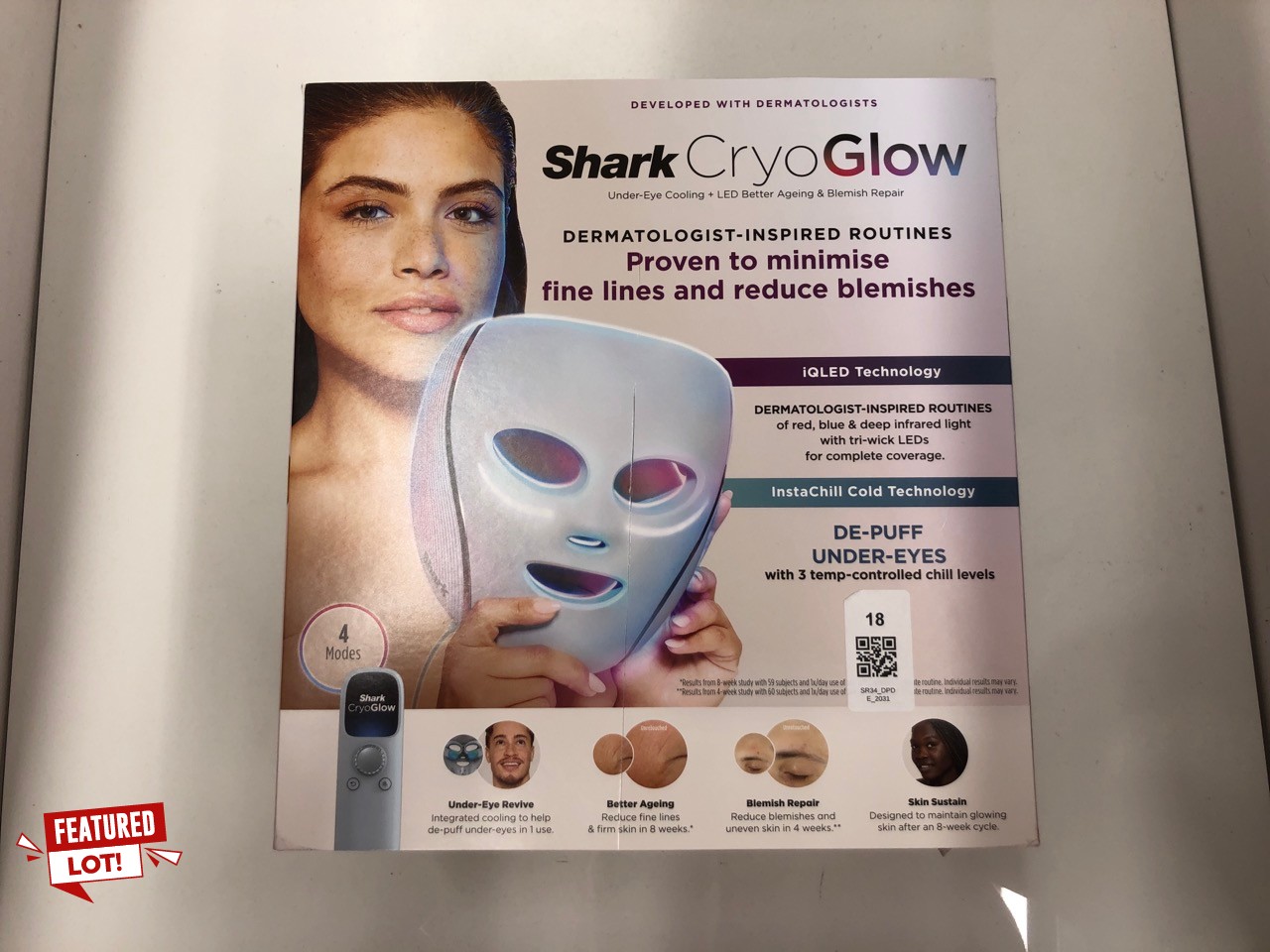 Lot 18  
            Edinburgh SR34 - Delivery Only 

                
SHARK CRYO GLOW LED FACE MASK WITH UNDER-EYE COOLING, ANTI-AGEING & BLEMISH REPAI...