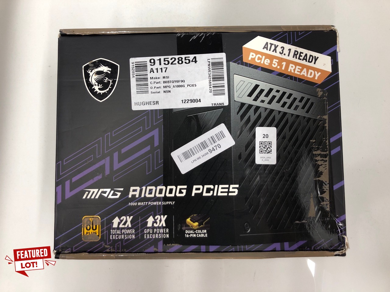 Lot 20  
            Edinburgh SR34 - Delivery Only 

                
MSI MPG A1000G PCIES 1000 WATT POWER SUPPLY  ORIGINAL RRP £200: LOCATION - TOP 50...