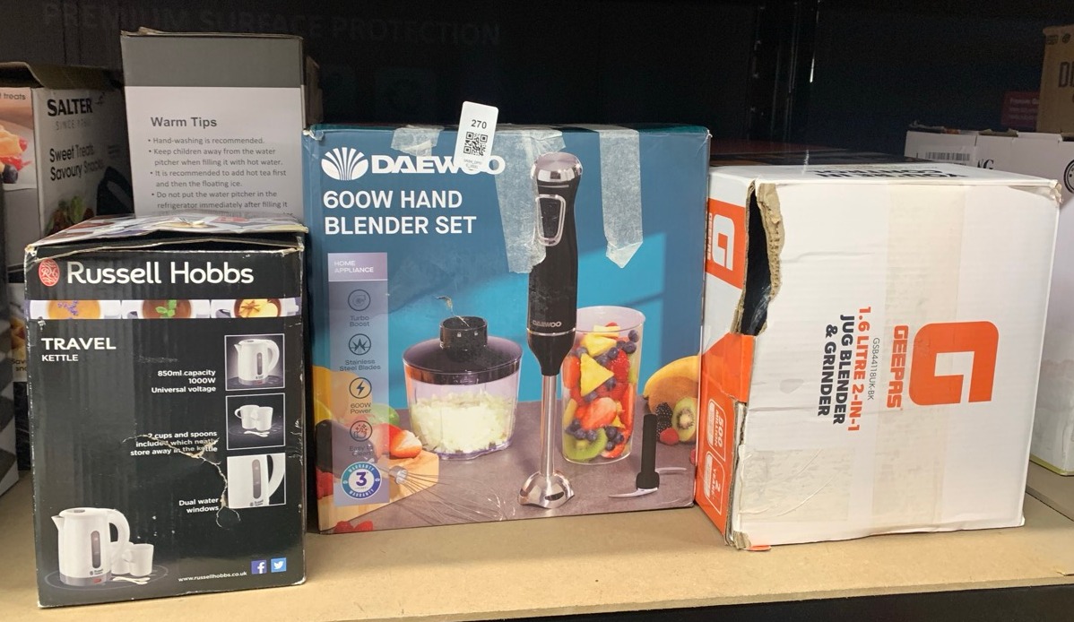 Lot 270  
            Edinburgh SR34 - Delivery Only 

                
QUANTITY OF  ITEMS TO INCLUDE RUSSELL HOBBS ELECTRIC 0.85L TRAVEL KETTLE, SMALL &...