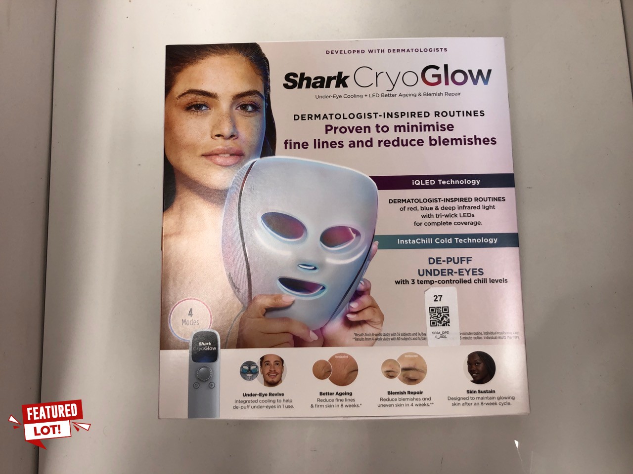 Lot 27  
            Edinburgh SR34 - Delivery Only 

                
SHARK CRYO GLOW LED FACE MASK WITH UNDER-EYE COOLING, ANTI-AGEING & BLEMISH REPAI...