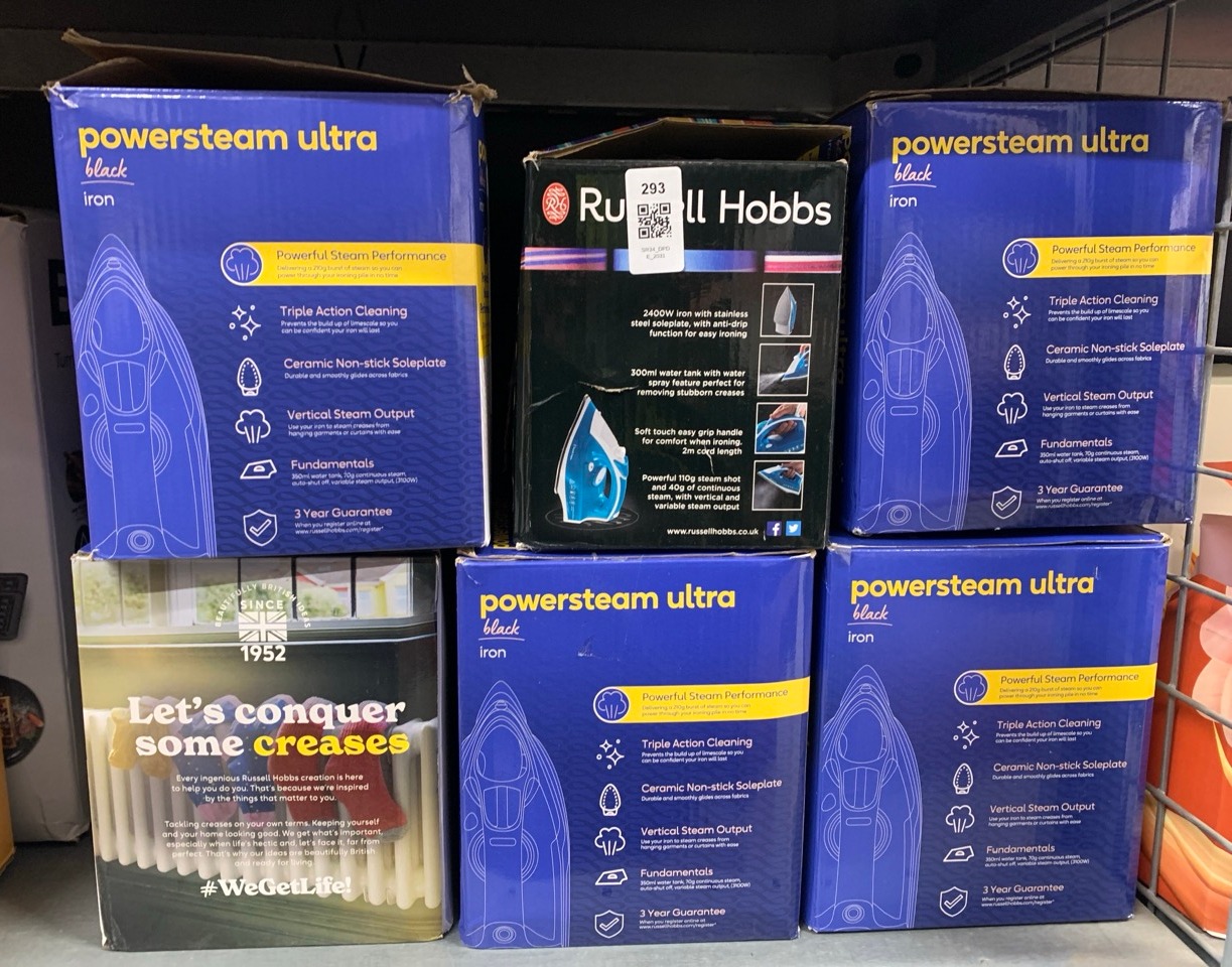 Lot 293  
            Edinburgh SR34 - Delivery Only 

                
QUANTITY OF  ITEMS TO INCLUDE RUSSELL HOBBS STEAM IRON [3100W, 210 G/MIN EXTRA ST...