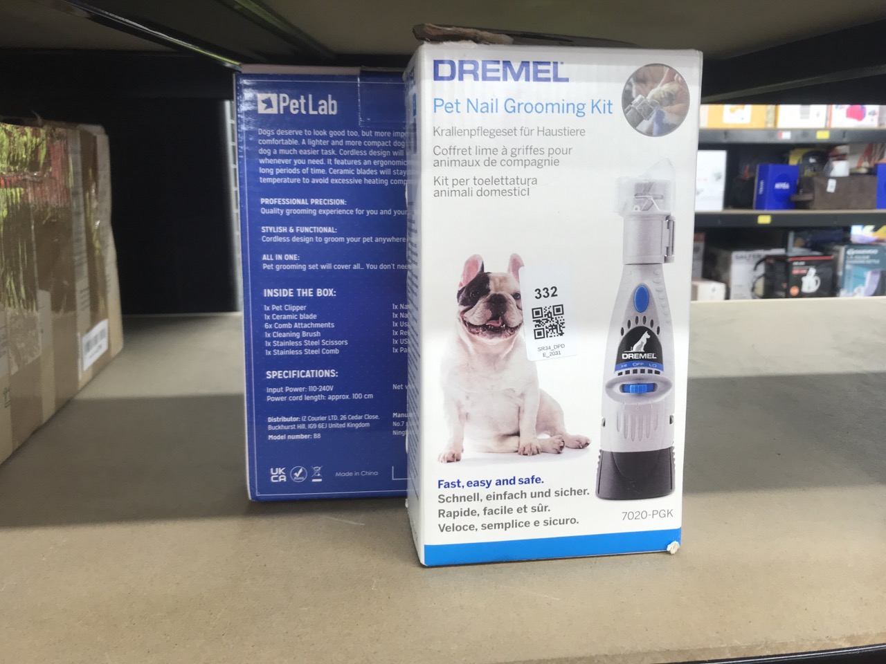 Lot 332  
            Edinburgh SR34 - Delivery Only 

                
DREMEL 7020-PGK PET NAIL GRINDER, QUIET ELECTRIC DOG NAIL FILE CARE SET WITH 4 SA...