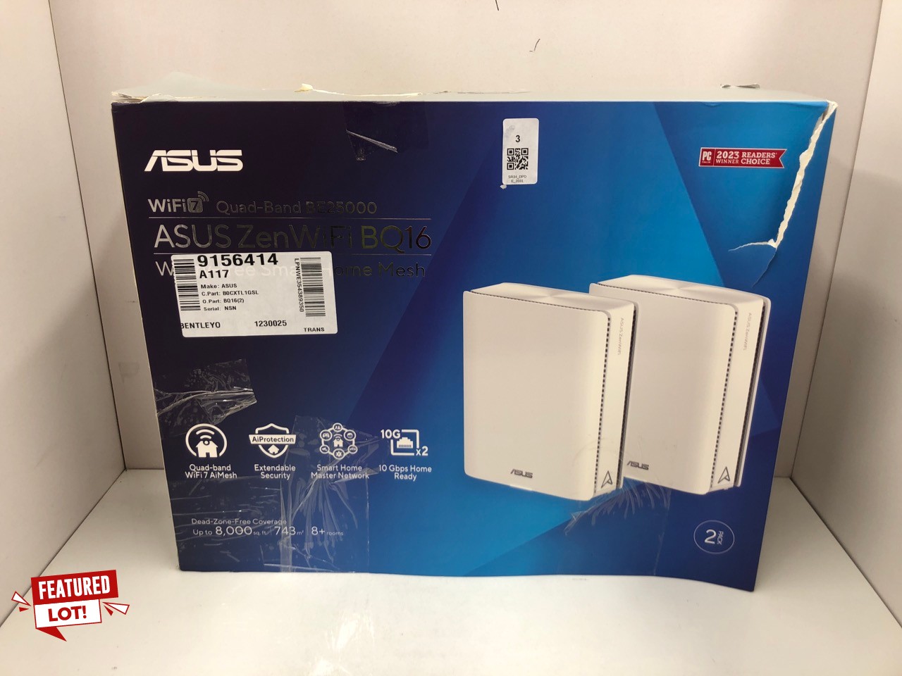 Lot 3  
            Edinburgh SR34 - Delivery Only 

                
ASUS ZEN WIFI BQ16 QUAD-BAND WIFI 7 MESH WITH DUAL 5GHZ BANDS, 25GBPS, 8000 SQ.FT...