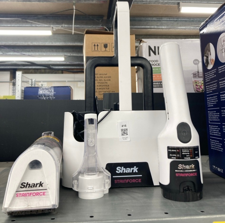 Lot 416  
            Edinburgh SR34 - Delivery Only 

                
SHARK STAINFORCE CORDLESS STAIN SPOT CLEANER IN WHITE : LOCATION - RACK E