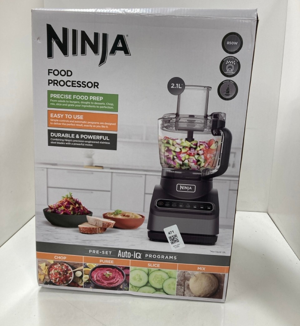 Lot 471  
            Edinburgh SR34 - Delivery Only 

                
NINJA FOOD PROCESSOR WITH 4 AUTOMATIC PROGRAMS; CHOP, PUREE, SLICE, MIX, AND 3 MA...