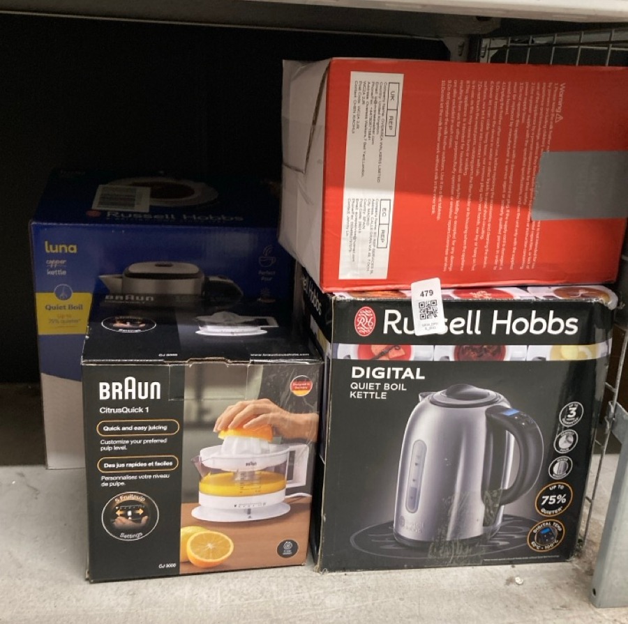 Lot 479  
            Edinburgh SR34 - Delivery Only 

                
QUANTITY OF KITCHEN & APPLIANCES ITEMS TO INCLUDE BRAUN HOUSEHOLD CJ3000 ELECTRIC...