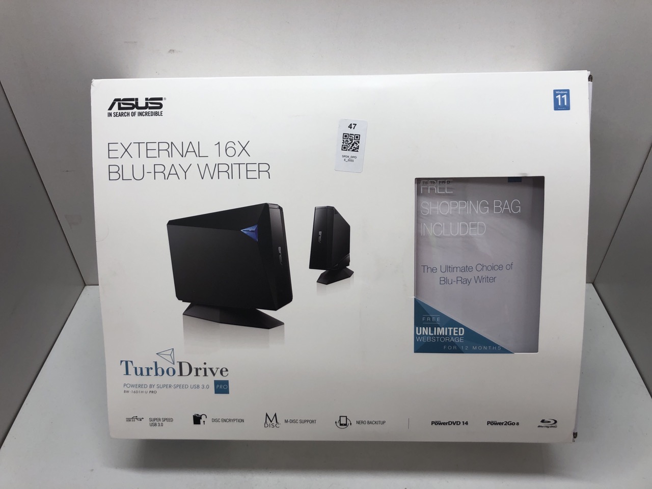 Lot 47  
            Edinburgh SR34 - Delivery Only 

                
OPEN BOX ASUS TURBODRIVE PRO EXTERNAL 16X BLU-RAY CD/DVD BURNER USB.: LOCATION - ...