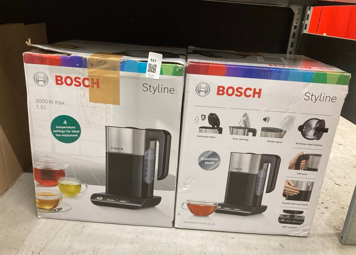 Lot 521  
            Edinburgh SR34 - Delivery Only 

                
2 X BOSCH STYLINE TWK8633GB VARIABLE TEMPERATURE CORDLESS KETTLE, 1.5 LITRES, 300...