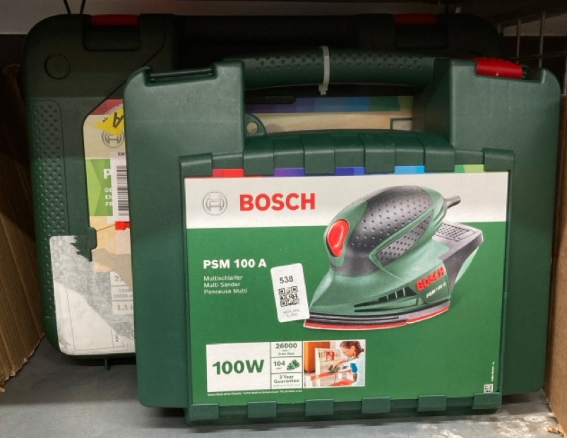 Lot 538  
            Edinburgh SR34 - Delivery Only 

                
BOSCH MULTI SANDER PSM 100 A (100W, IN CASE) + BOSCH MULTI-TOOL PMF 220 CE (220 W...