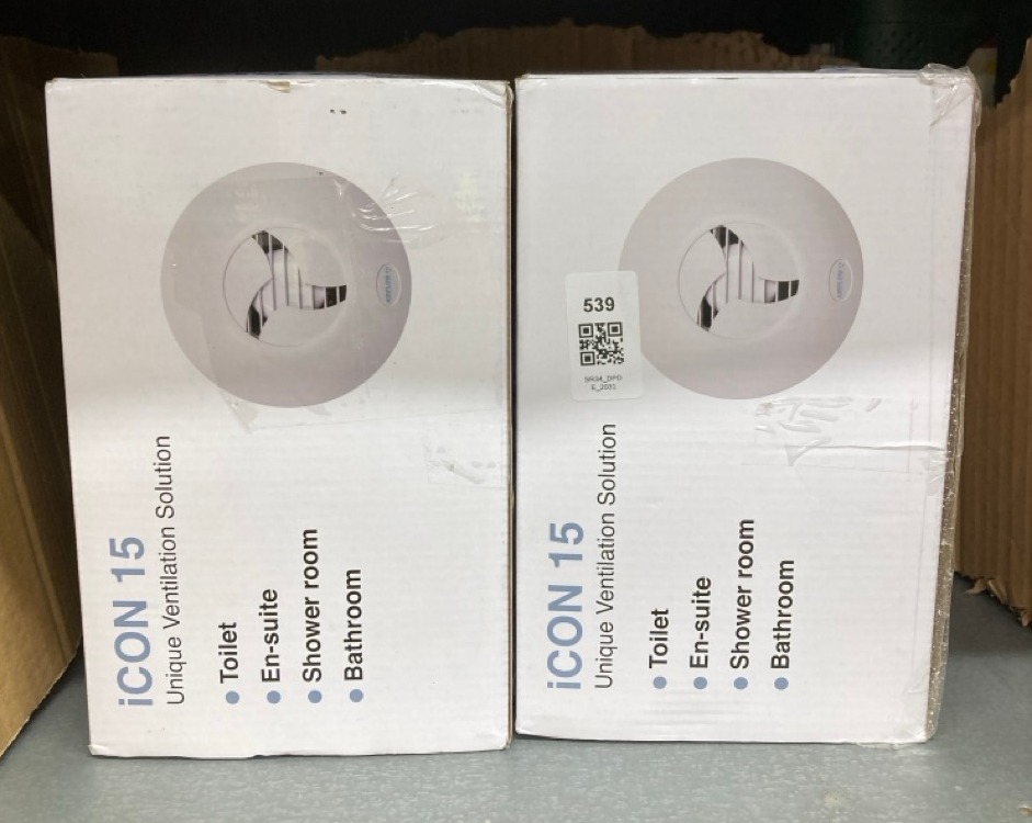 Lot 539  
            Edinburgh SR34 - Delivery Only 

                
2 X AIRFLOW ICON 15 BATHROOM EXTRACTOR FAN 19 L/S - 100MM/4 - IRIS OPEN/CLOSE BAC...