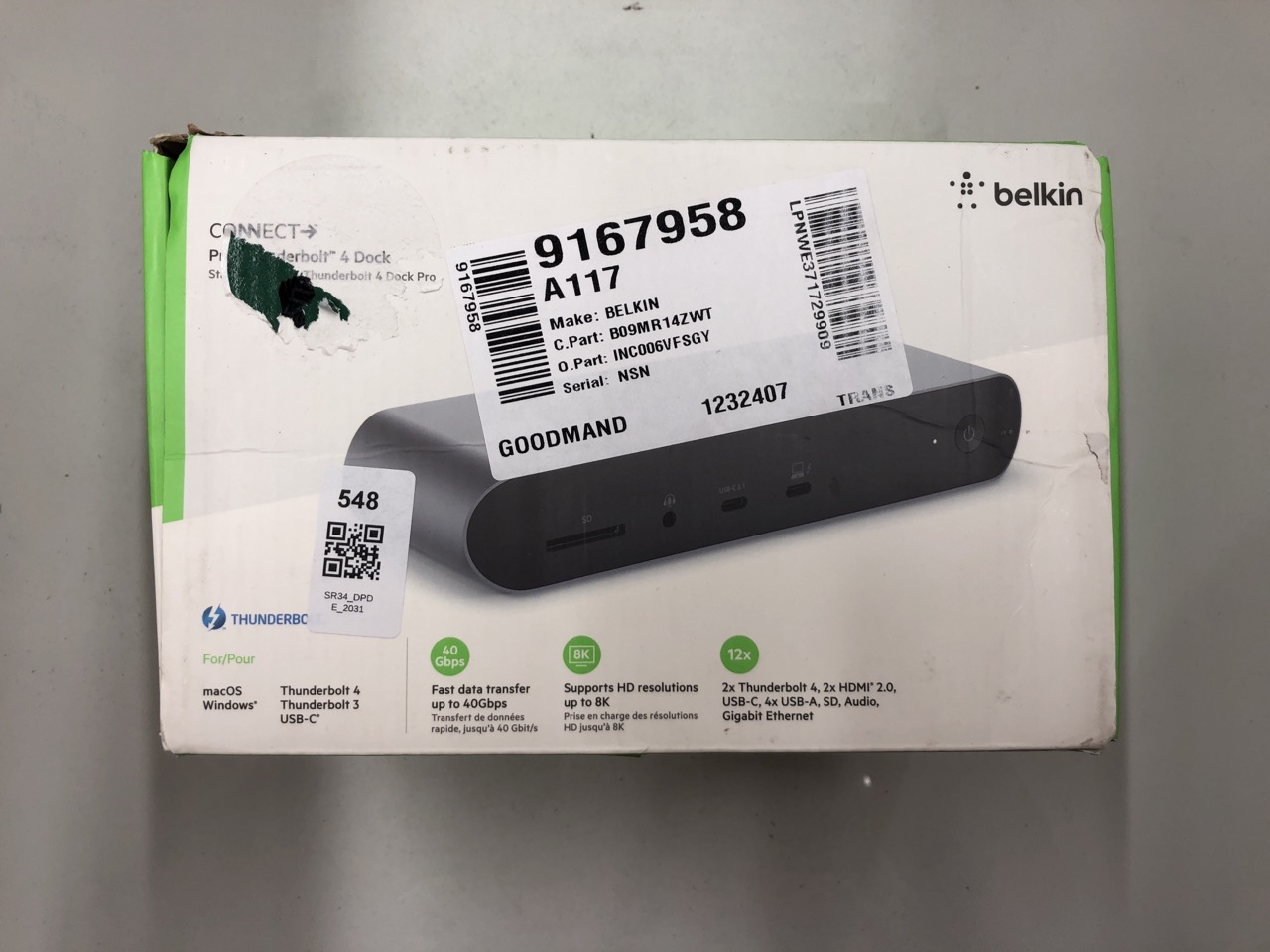 Lot 548  
            Edinburgh SR34 - Delivery Only 

                
BELKIN THUNDERBOLT 4 DOCK PRO, SINGLE 8K @ 30HZ, DUAL 4K DISPLAY COMPATIBLE DOCKI...