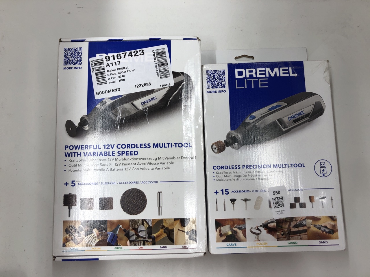 Lot 550  
            Edinburgh SR34 - Delivery Only 

                
DREMEL LITE 7760 CORDLESS ROTARY TOOL 3.6 VOLT, MULTI TOOL + DREMEL 8240 CORDLESS...