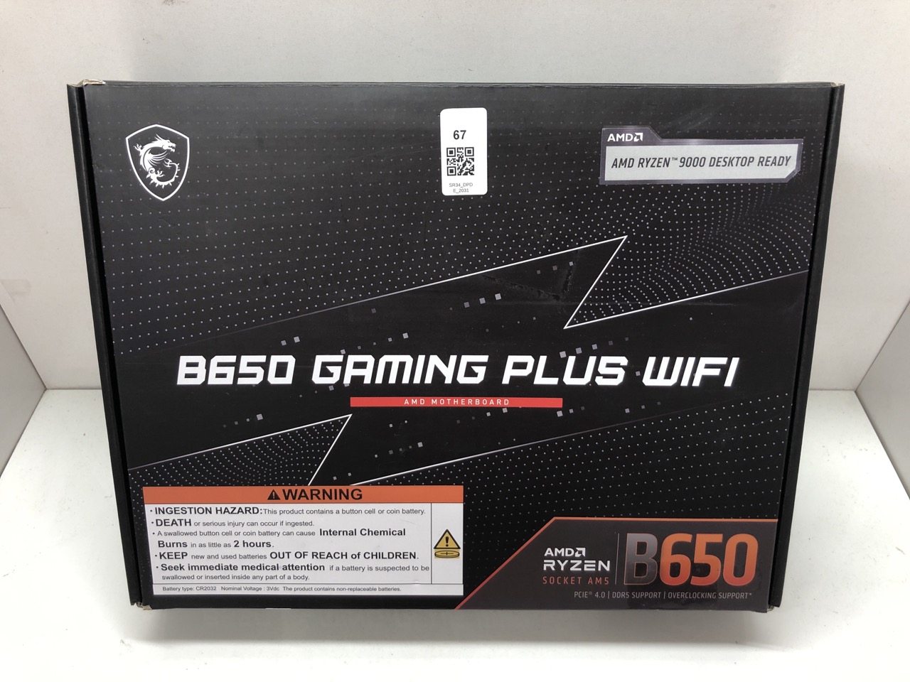 Lot 67  
            Edinburgh SR34 - Delivery Only 

                
MSI B650 GAMING PLUS WIFI MOTHERBOARD, ATX - SUPPORTS AMD RYZEN 9000 / 8000 / 700...