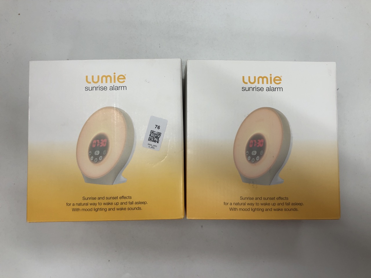 Lot 76  
            Edinburgh SR34 - Delivery Only 

                
2 X LUMIE SUNRISE ALARM - SUNRISE WAKE-UP ALARM, SUNSET SLEEP FEATURE, SOUNDS AND...