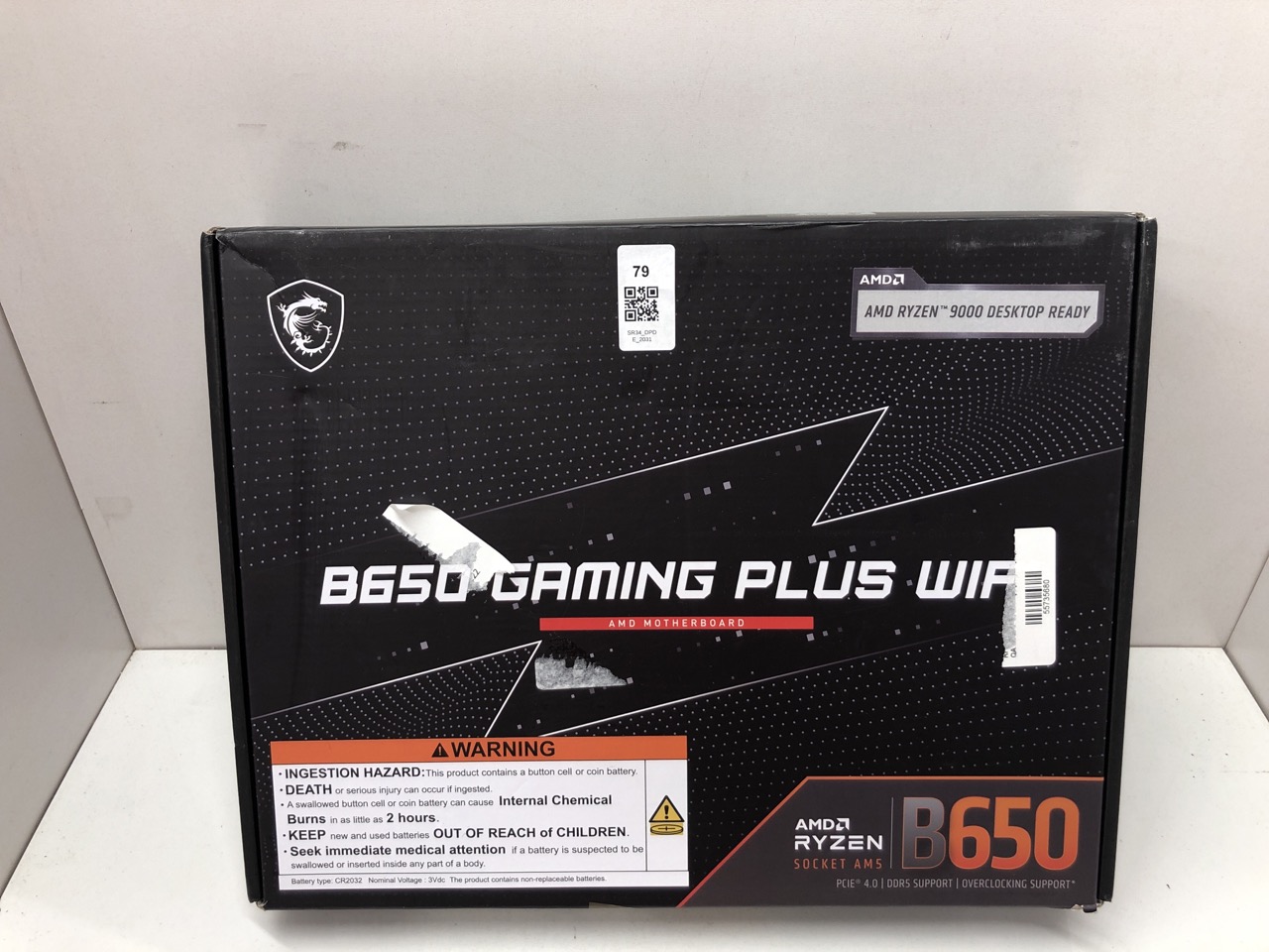 Lot 79  
            Edinburgh SR34 - Delivery Only 

                
MSI B650 GAMING PLUS WIFI MOTHERBOARD, ATX - SUPPORTS AMD RYZEN 9000 / 8000 / 700...